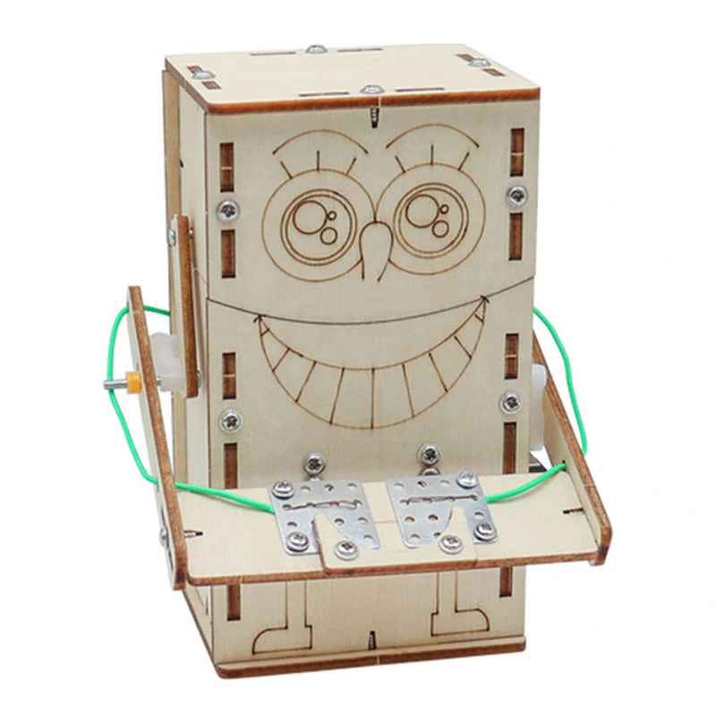 Wooden DIY Electric Powered Coin Eating Robot Puzzle Assembly Technology Small Production Creative Invention Mechanical Science Toy