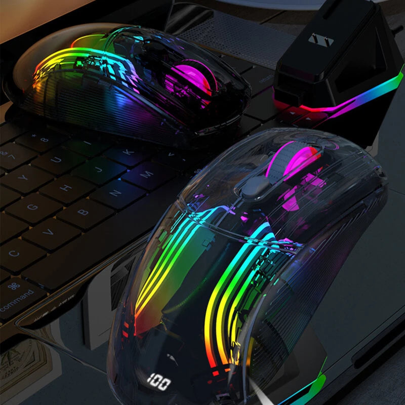 XUNSVFOX XYH20pro RGB Transparent Shell Gaming Mouse Power Display Three Mode Wireless bluetooth Type-C Rechargeable Ergonomics Mute Mice with Charging Dock PC Accessories