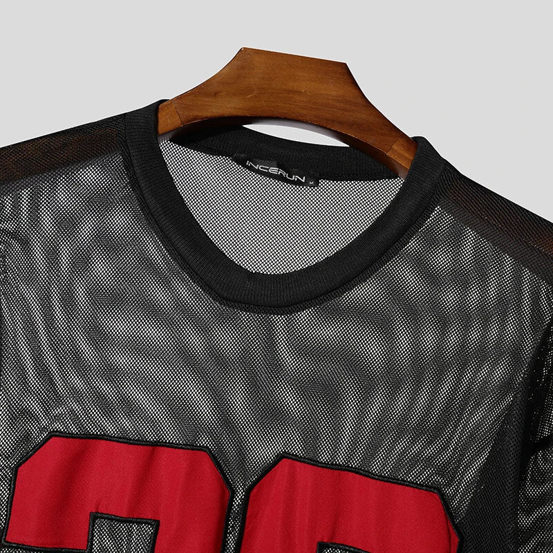 INCERUN Mens Digital Print Textured Long-Sleeve T-Shirt Fashion Mesh Fabric Matching Top Loose Fit Plus Size S-5XL