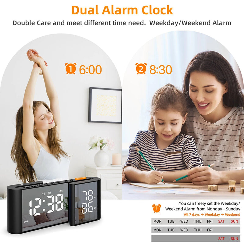 LCD Digital Desk Wall Alarm Clock with USB Charging Station Dual Screen LED Dimming Temperature And Humidity Electronic Clock Radio Alarm Clock