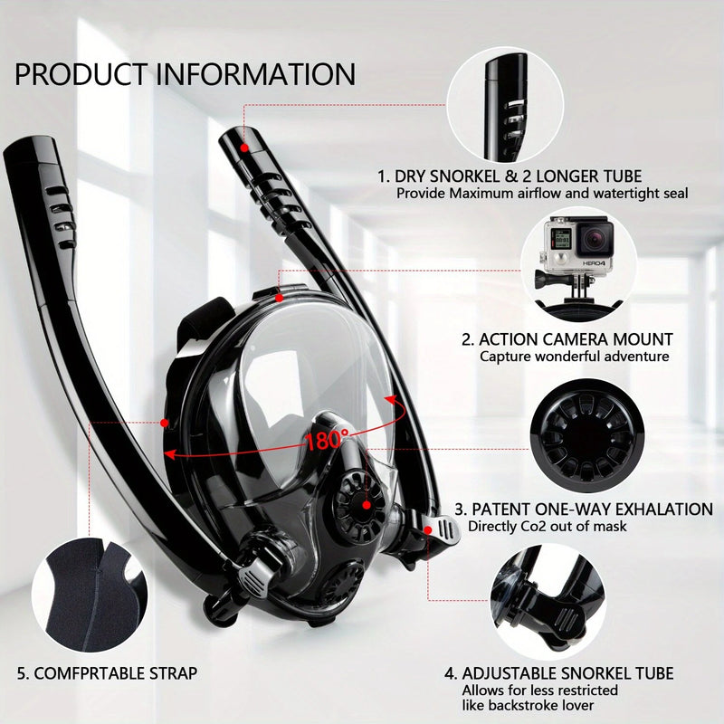 Double Tube Waterproof Anti-fog Goggles 180 Panoramic Full Face Swimming Goggles Fully Dry Snorkel Goggles for Diving