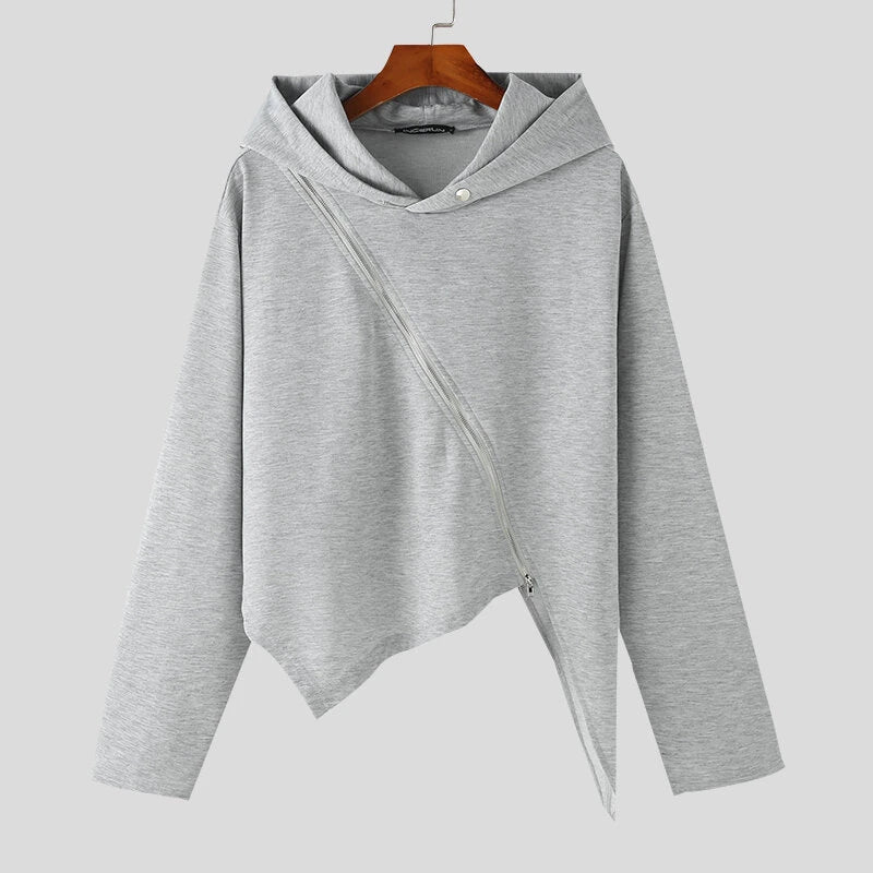 INCERUN Men Hooded Sweatshirts Trendy Asymmetric Zip Long Sleeve Hoodie with Irregular Hem for Fashion-forward Males Clothing