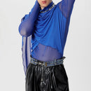 INCERUN Men Cross-Deconstructed Ribbon Design Long Sleeve Top T-shirts Fashion Solid Color See-through High Stretch Clothing for Men