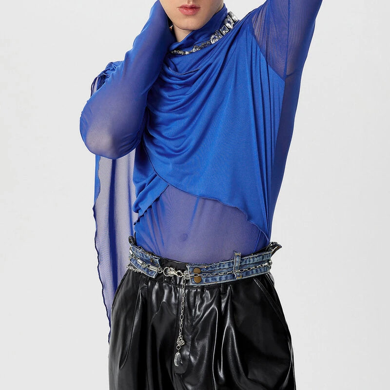 INCERUN Men Cross-Deconstructed Ribbon Design Long Sleeve Top T-shirts Fashion Solid Color See-through High Stretch Clothing for Men