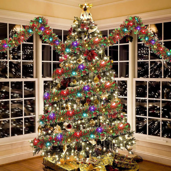 16.4ft/5m Christmas Decoration Holiday Garland Ruscus Grass Ribbon with Colorful Lights Christmas Garland Ribbon Lights 50 LEDs Battery Powered Hanging Decorations for Wedding Valentine's Day Thanksgiving Hanukkah Christmas