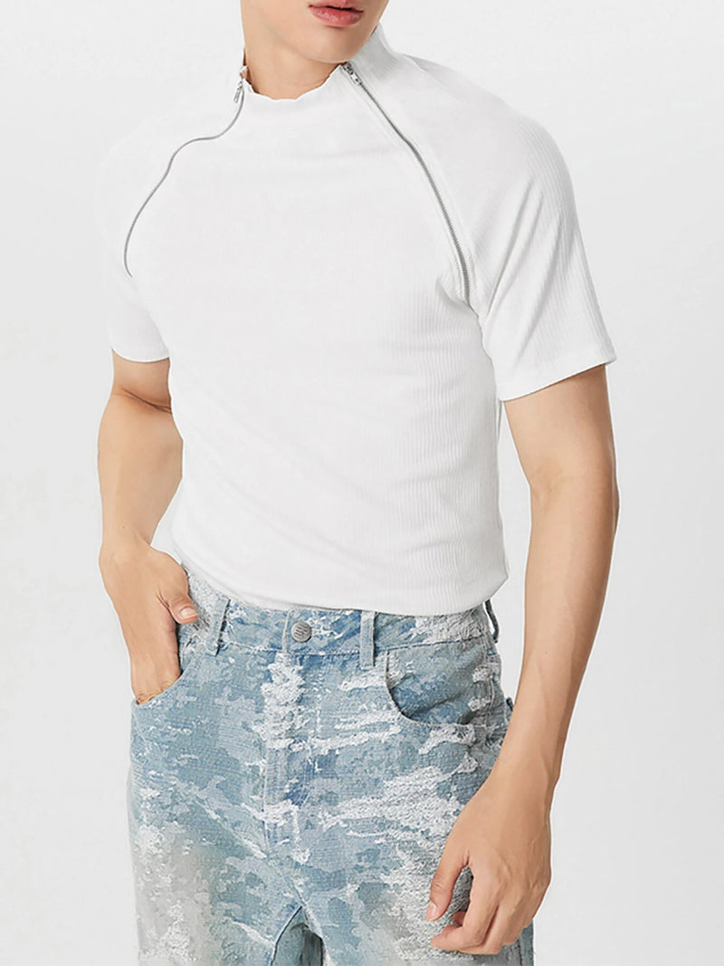 INCERUN Men Design T-Shirt Fashion Double Side Zippers Short Sleeve Men's Tee Summer Comfortable Solid Color Mens Top