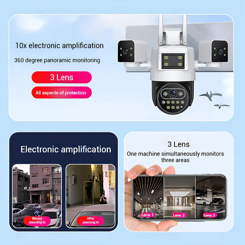 6MP WIFI IP Camera Triple Lens and View 360-Degree Panorama Night Vision Two-Way Audio Motion Detection Remote Monitoring IP66 Waterproof Outdoor Security EU Plug