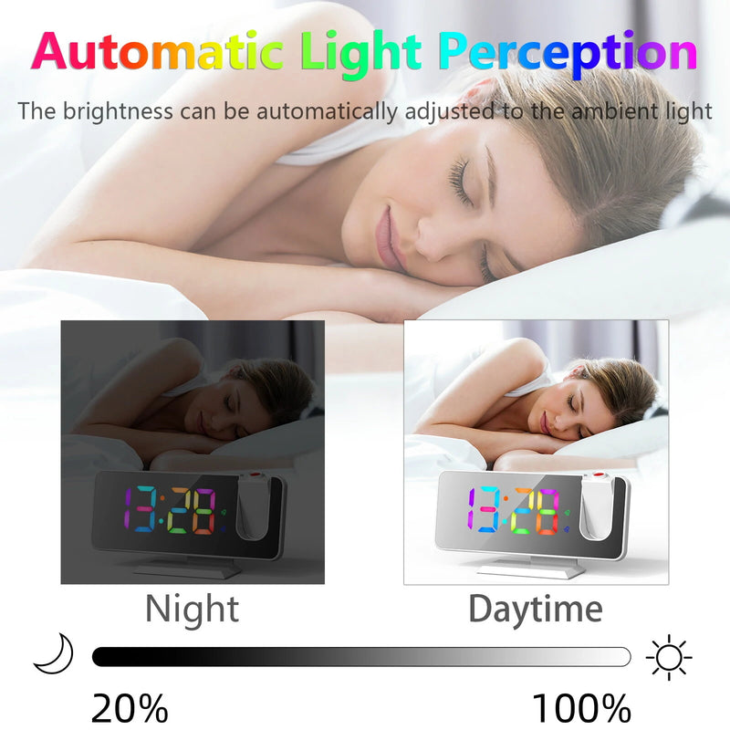 AGSIVO LED RGB Digital Projection Alarm Clock with 180 Rotatable Projector / 11 Colors / Mirror Surface / Snooze / 6-Level Brightness Dimmer / Clear LED Display / USB Charger For Bedroom Living Room