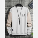 ChArmkpR Mens Smile Face Print Contrast Patchwork Pullover Sweatshirts