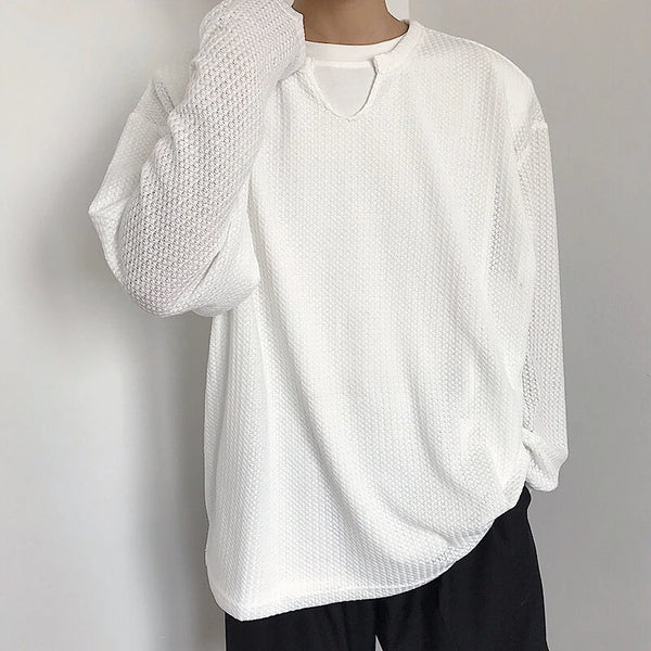 INCERUN Men Tshirt Comfy Loose Fit Long Sleeve T-Shirt Solid Color Notched Neck Knit Daily Casual T-Shirt