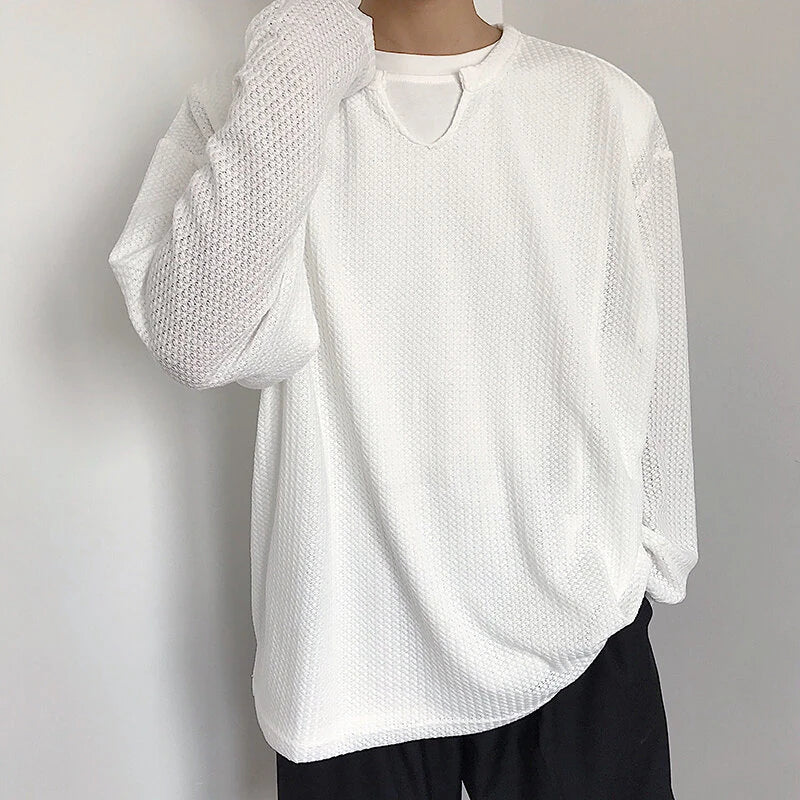 INCERUN Men Tshirt Comfy Loose Fit Long Sleeve T-Shirt Solid Color Notched Neck Knit Daily Casual T-Shirt