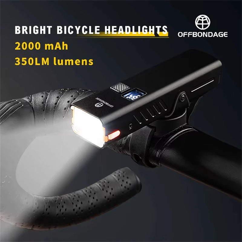 OFFBONDAGE 350LM Bicycle Headlight Digital Display Power Lightweight Waterproof Aluminum Alloy Strong Flashlight Type-C Charging Bike Front Light for MTB Outdoor Night Riding Safety