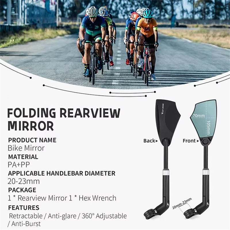 WEST BIKING HD Anti-Glare Bike Rearview Mirror 360 Rotation Adjustable Retractable Reflector for 20-23mm Bicycle Electric Scooter Handlebars