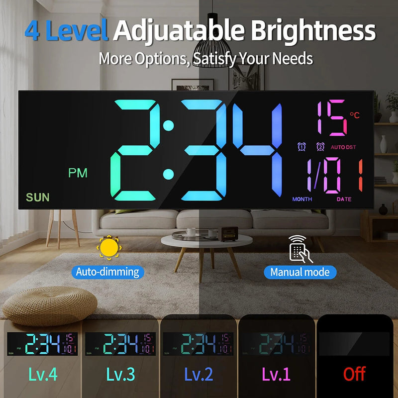 16 Inch Large LED Digital Wall Clock With Remote Control Dymamic RGB Display Automatic Brightness Date Temperature Night Light Gym Clock Suitable For Living Room Bedroom Office Wall Decoration