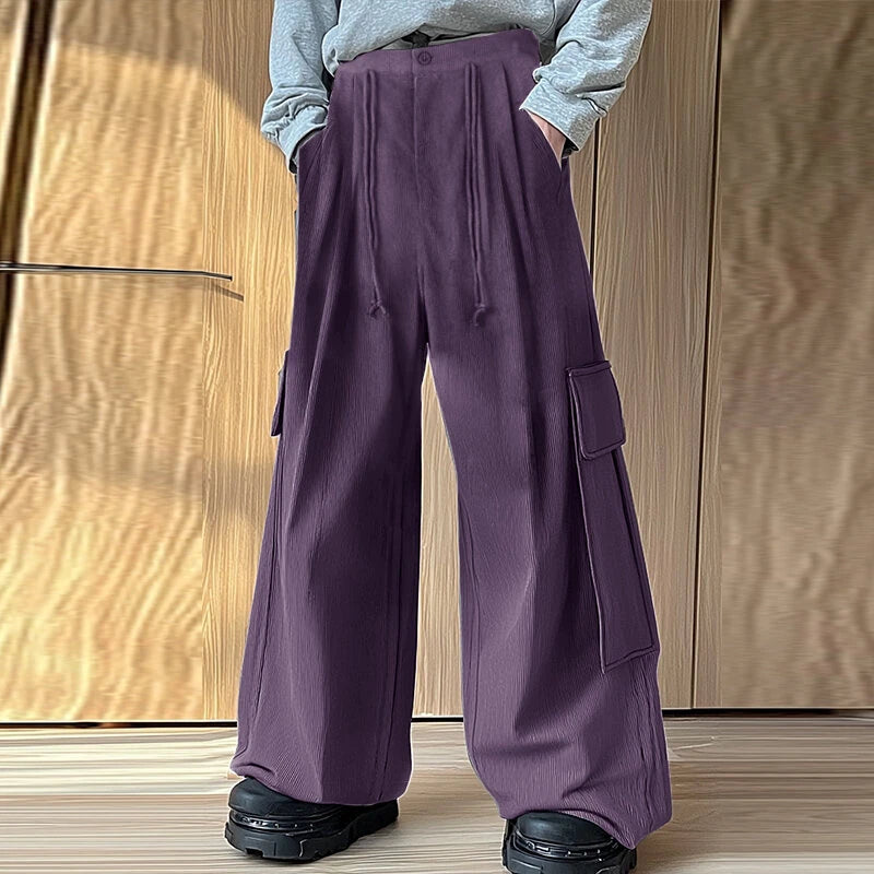 INCERUN Mens Textured Comfortable Straight Leg Pant Solid Color Casual Wide Legged Pants Male S-5XL