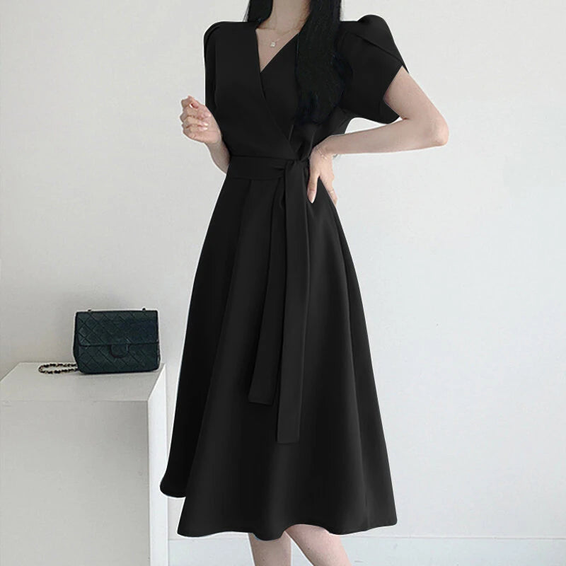 ZANZEA Womens Puff Sleeve V Neck Belted A Line Midi Dress Party Gown Long Dresses