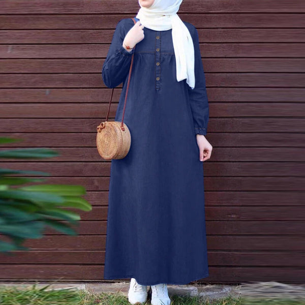 ZANZEA Women Vintage Round Neck Denim Dresses Casual Lantern Sleeve Solid Maxi Dress