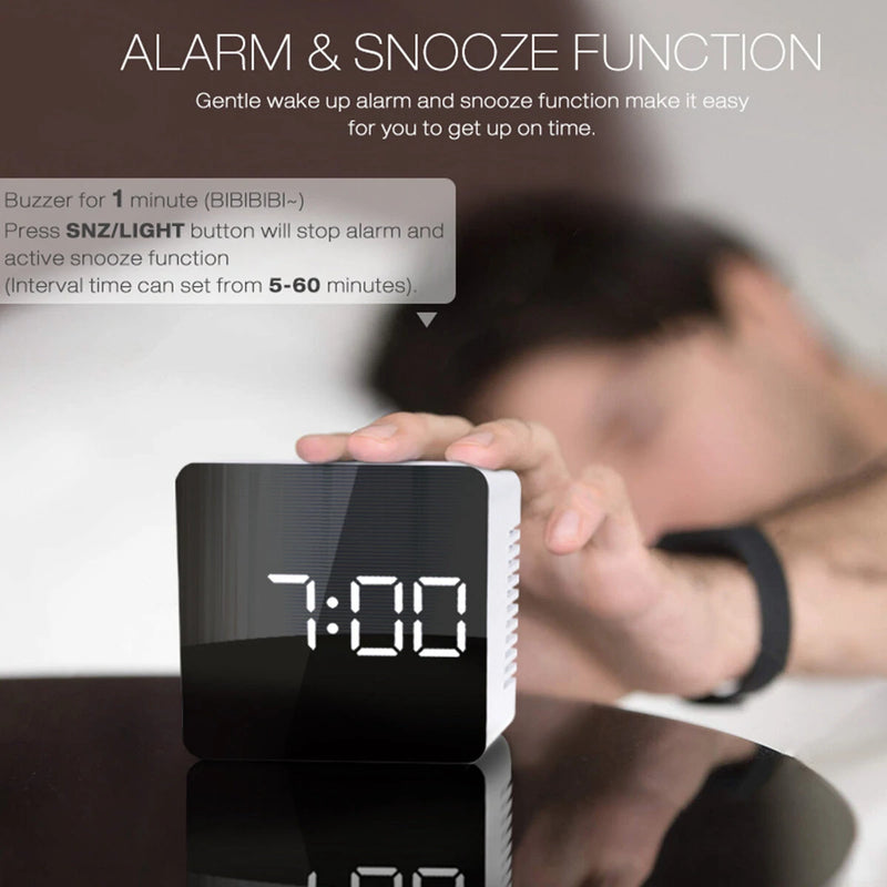 Digoo Wireless USB Mirror Alarm Clock LED Digital Therometer Temperature Night Mode Black DG-DM1