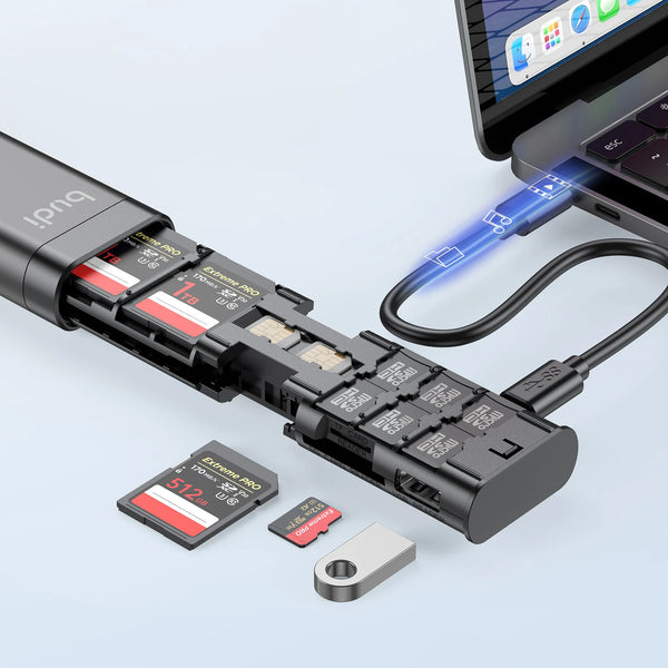 BUDI Multifunctional 9-in-1 SD Card Reader Cable and USB 3.0 Type-C Phone and External Camera and Computer Adapter with OTG Sync Charging and 5Gbps Transfer Memory Card High Speed Card Reader