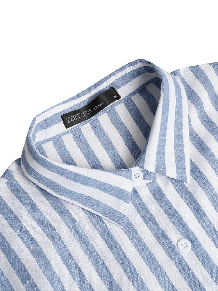 ZANZEA Women 100% Cotton Classical Striped Print Lapel Button Front Lace-Up Casual Shirt Dress