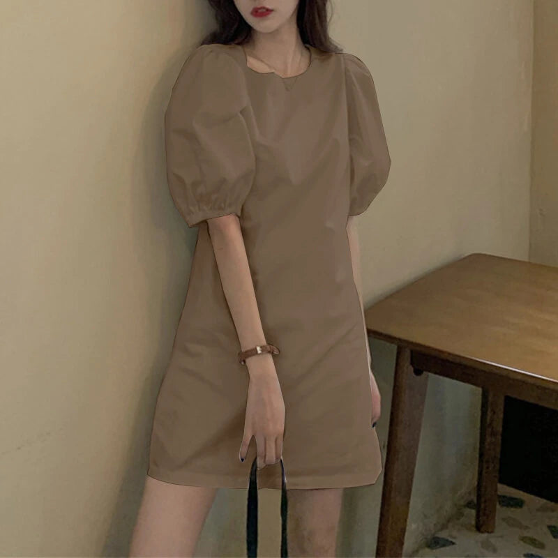 VONDA Womens Casual Round Neck Shirt Dress Puff Sleeve Short Dress A Line Solid Tunic Mini Dresses Plus Size