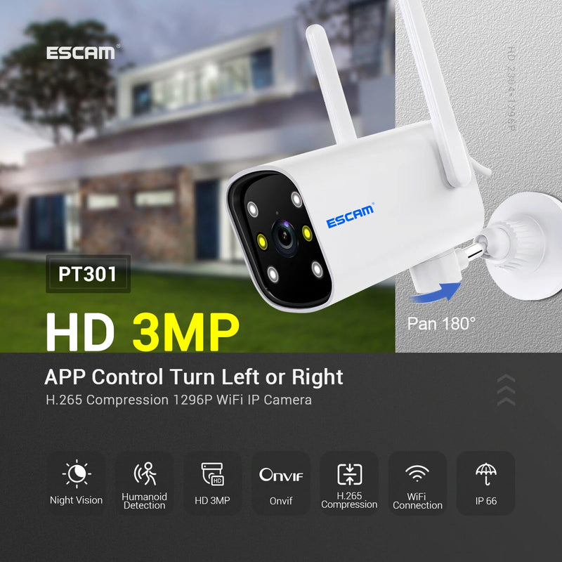 ESCAM PT301 3MP WIFI IP Camera Night Vision Motion Detection Two Way Audio H.265 Waterproof Security Bullet Camera Support ONVIF