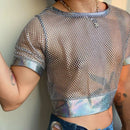 INCERUN Mens Tshirt Fashion Shiny Mesh Patchwork See Through Fishnet Short Sleeve T-Shirt Summer Cool Short Top