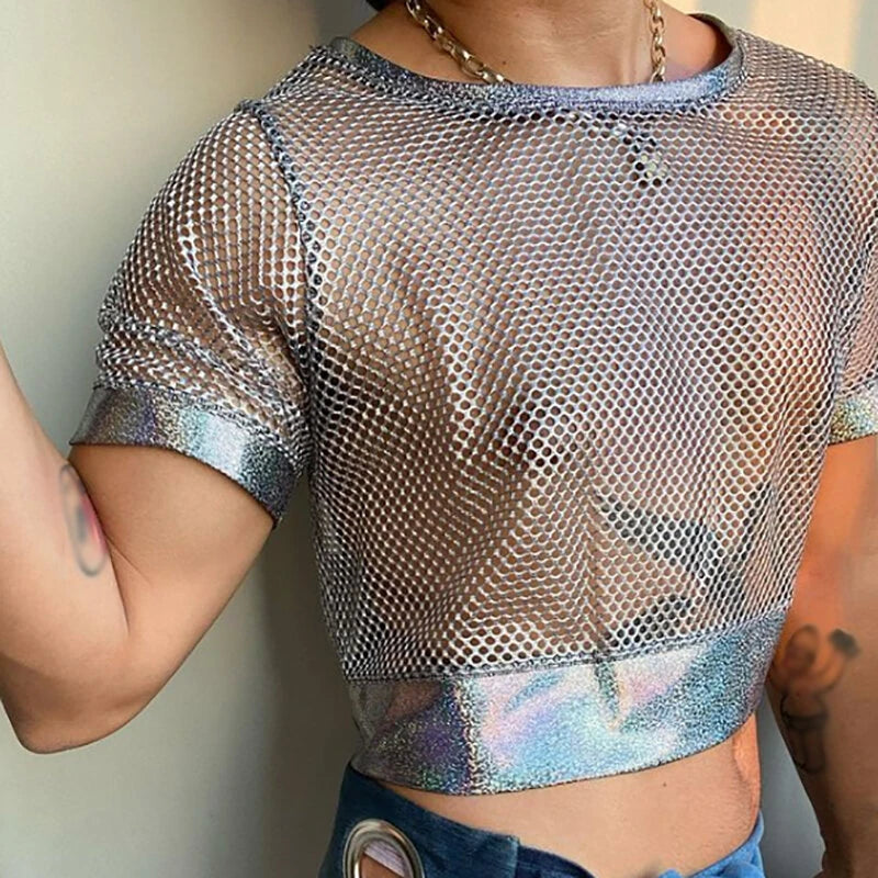 INCERUN Mens Tshirt Fashion Shiny Mesh Patchwork See Through Fishnet Short Sleeve T-Shirt Summer Cool Short Top