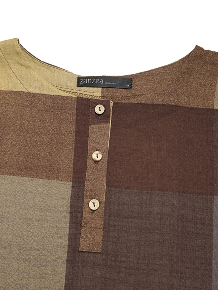 Women Vintage Plaid Print Button Front O-Neck Short Sleeve Loose Casual Shirt Dress With Pocket