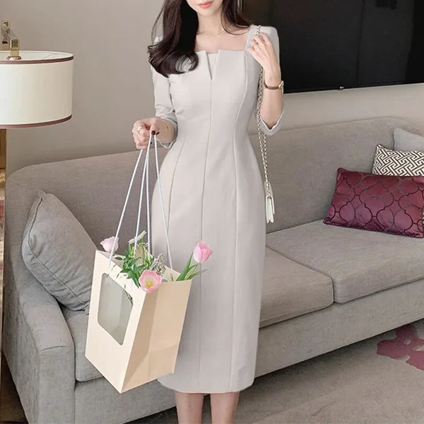 ZANZEA Womens Party Daily 7/8 Sleeve Small V-neck Design Slim Segmented Dress Solid Color Elegant Midi Dress