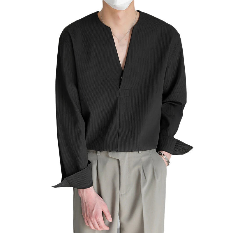 INCERUN Mens Shirts Solid Color Long Sleeve Top Shirts Summer Casual Daily V Neck Top Shirts Male Clothing