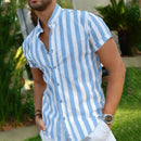 INCERUN Men's Casual Striped Shirt Daily Thin Long Sleeve Button Up Shirt for Men Stand-up Collar Short Sleeve Top Summer Shirts