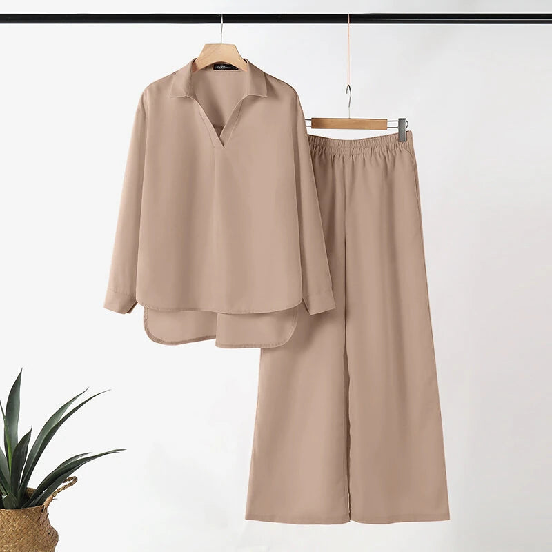 ZANZEA Women Suits - Long Sleeve Lantern Sleeve Elastic Waist Pants Wide Leg Pants with Pockets Casual Tops Trousers Two-Piece Set Plus Size