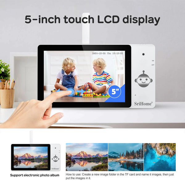 SriHome DH050-SH064 4K 8MP Smart Baby Monitoring Camera Kit with 5-inch Touch Screen 3X Digital Zoom 355 PTZ AI Crying Detection Color Night Vision Human Tracking Alarm 2-Way Audio Home Monitor Viewing Cameras