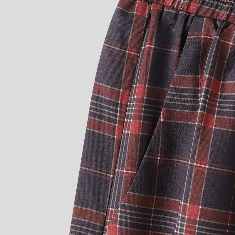 INCERUN Men Plaid Pants Comfortable Elastic Waist Pockets Trousers Casial Loose Fit Wide Leg Home Pant for Big Men Daily Large Size S-5XL