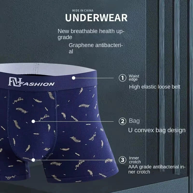 4Pcs Mens Underwear Soft Breathable Cotton Trunks Plus Size Boxer Briefs Short Mid Waist Print Flat Corner Pants
