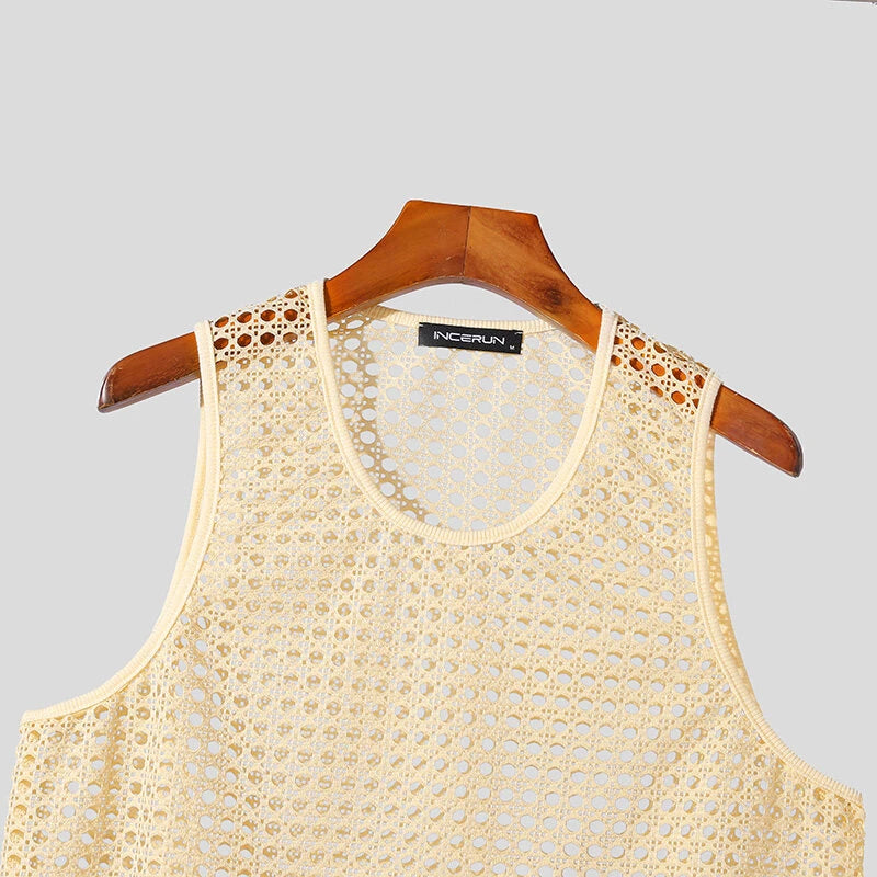 INCERUN Mens Beach Style Mesh Sleeveless Tank Comftable Fabric Tank Top for Men