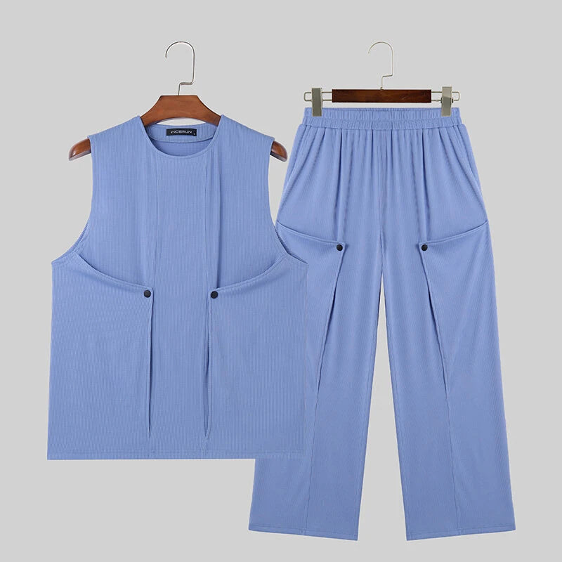 INCERUN Men's Clothing 2 Piece Set Knit Ribbed Round Neck Vest & Trousers Casual Solid Color Set for Daily Wear