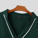 INCERUN Mens Twist Patchwork V-Neck Long Sleeve T-Shirt Fashion Solid Color Drawstring Design Tshirt