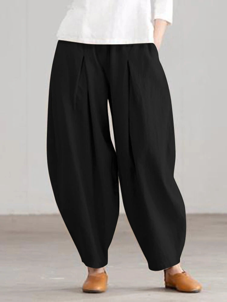 Women Loose 100% Cotton Ankle Length Solid Color Wide Legged Casual Pants