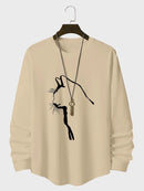 ChArmkpR Mens Cat Graphic Crew Neck Curved Hem Long Sleeve T-Shirts