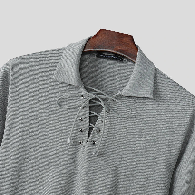 INCERUN Mens Lace-Up Cross V-Neck Long-Sleeve T-Shirt Comfortable Soft Fabric Solid Color Tshirt Top for Male