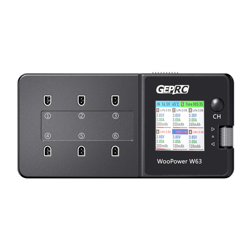 GEPRC WooPower W63 78W 3A*6 6 Ports  1S Lipo Battery Charger Discharger with Storage Function 1.54-Inch IPS Display Support LiPo/LiHV/LiFe 1S Battery PH2.0/BT2.0  Plug