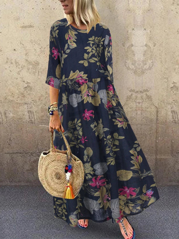 ZANZEA Plus Size Women Beach Long Dress Retro Floral Printed Round Neck Three Quarter Sleeve Pleated Beach Maxi Dresses