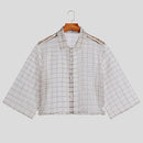 INCERUN Men Shirt Mesh Transparent Plaid Lapel 3/4 Sleeve Short Shirt Fashion Casual Men Clothing Loose Button Camisas