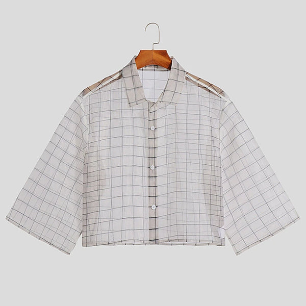 INCERUN Men Shirt Mesh Transparent Plaid Lapel 3/4 Sleeve Short Shirt Fashion Casual Men Clothing Loose Button Camisas