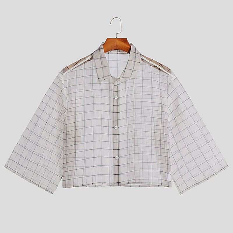 INCERUN Men Shirt Mesh Transparent Plaid Lapel 3/4 Sleeve Short Shirt Fashion Casual Men Clothing Loose Button Camisas