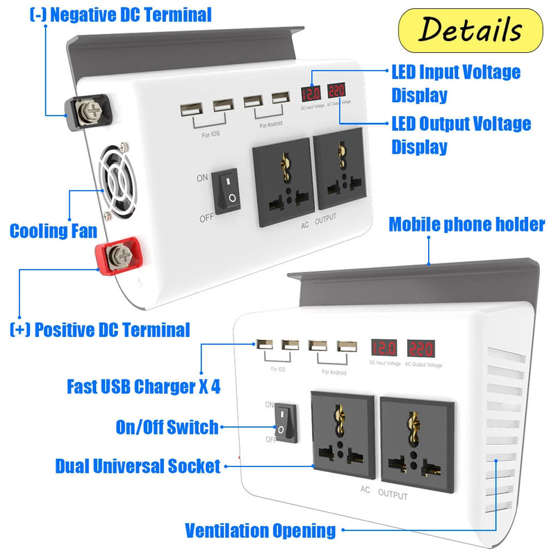 300W Power Inverter DC 12V to AC 220V Modified Sine Wave Inverter with 25W Solar Panel and 50A Solar Charge Controller for Mobiles Phones Computers Laptop LCD Dual Digital Intelligent Display Screens Inverter