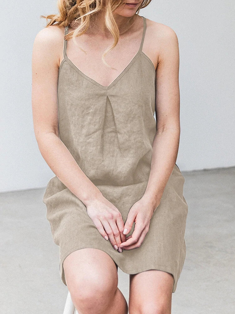 ZANZEA Solid Pocket Spaghetti Strap Backless Dress For Women