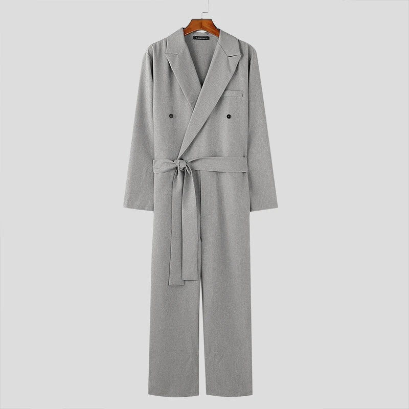 INCERUN Mens Double-Breasted Long Sleeve Jumpsuit Fashion Solid Color Waist Lace Up Suit Jumpsuit Long Top Pant